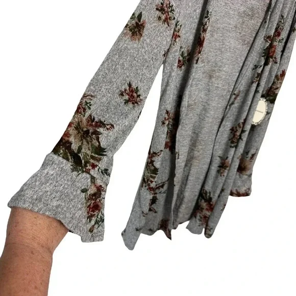 Skonket XL gray & floral print open lightweight hip‎ length cardigan - Picture 2 of 5